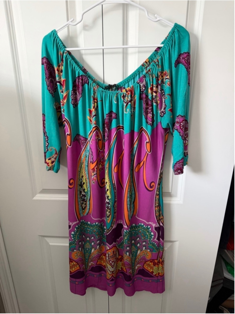 Tiana Teal Purple Paisley Off-Shoulder Mini Dress M EUC